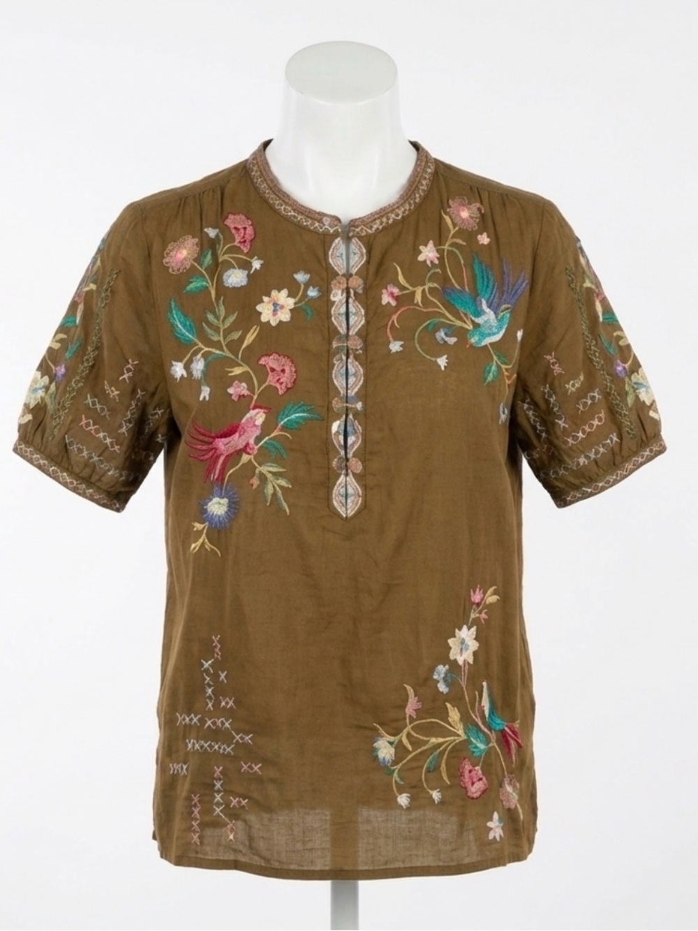 Johnny Was Zanzibar Prairie Blouse Green Embroidered Boho Top Small NWOT